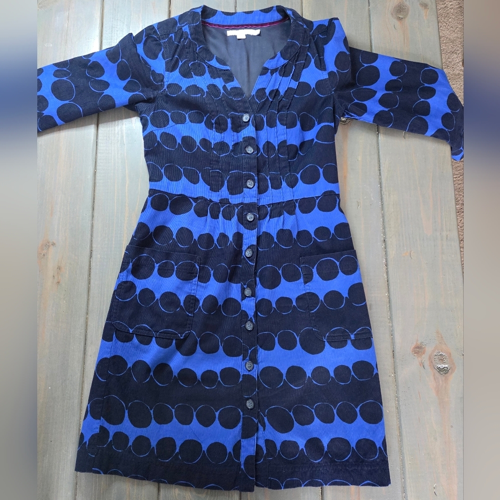 Boden Blue & Navy Polka Dot Shirt Dress UK 8R US 4 Button Front Pockets